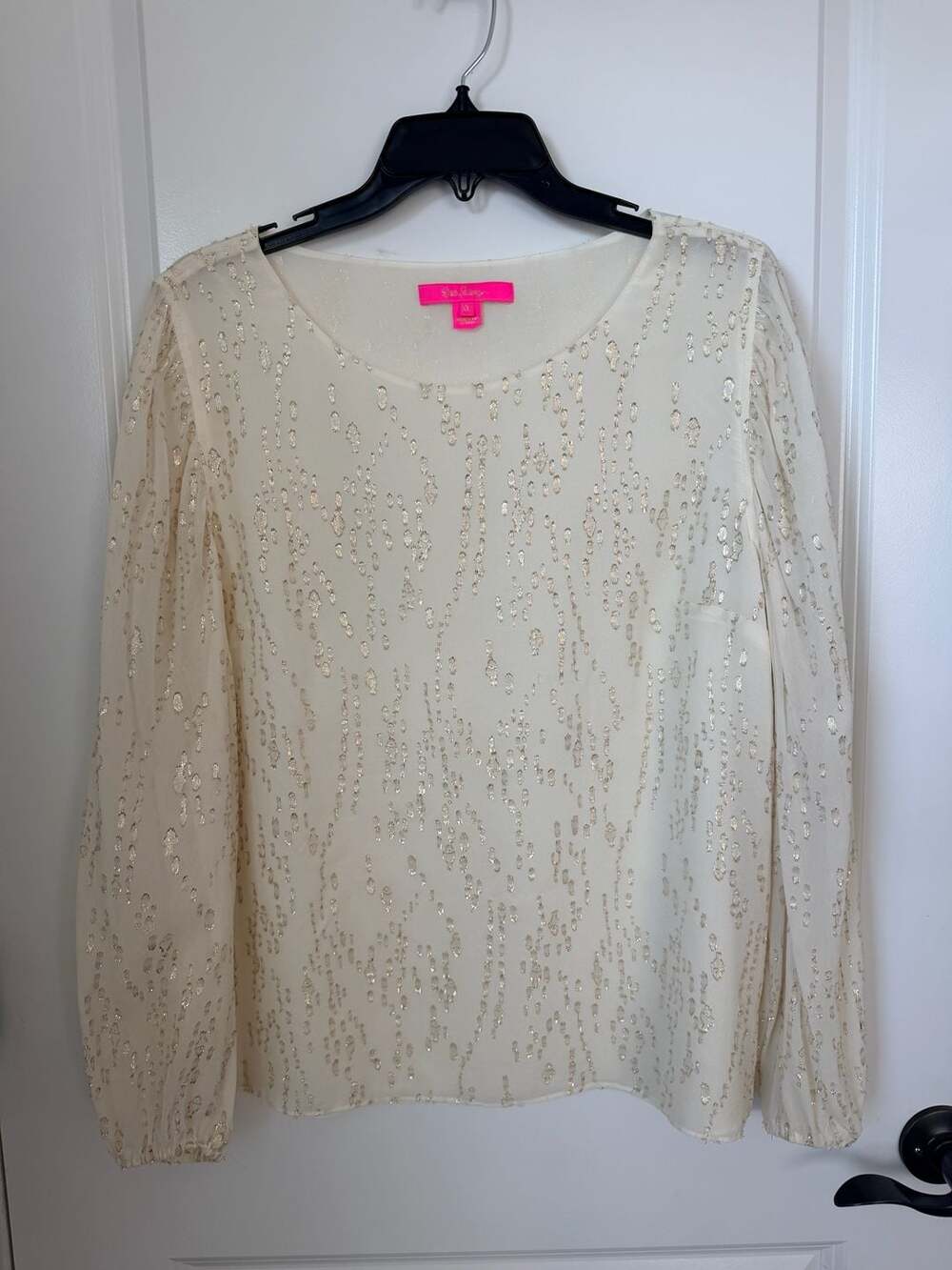 Lilly Pulitzer Silk Metallic Long Sleeve Blouse Cream Gold Size XL